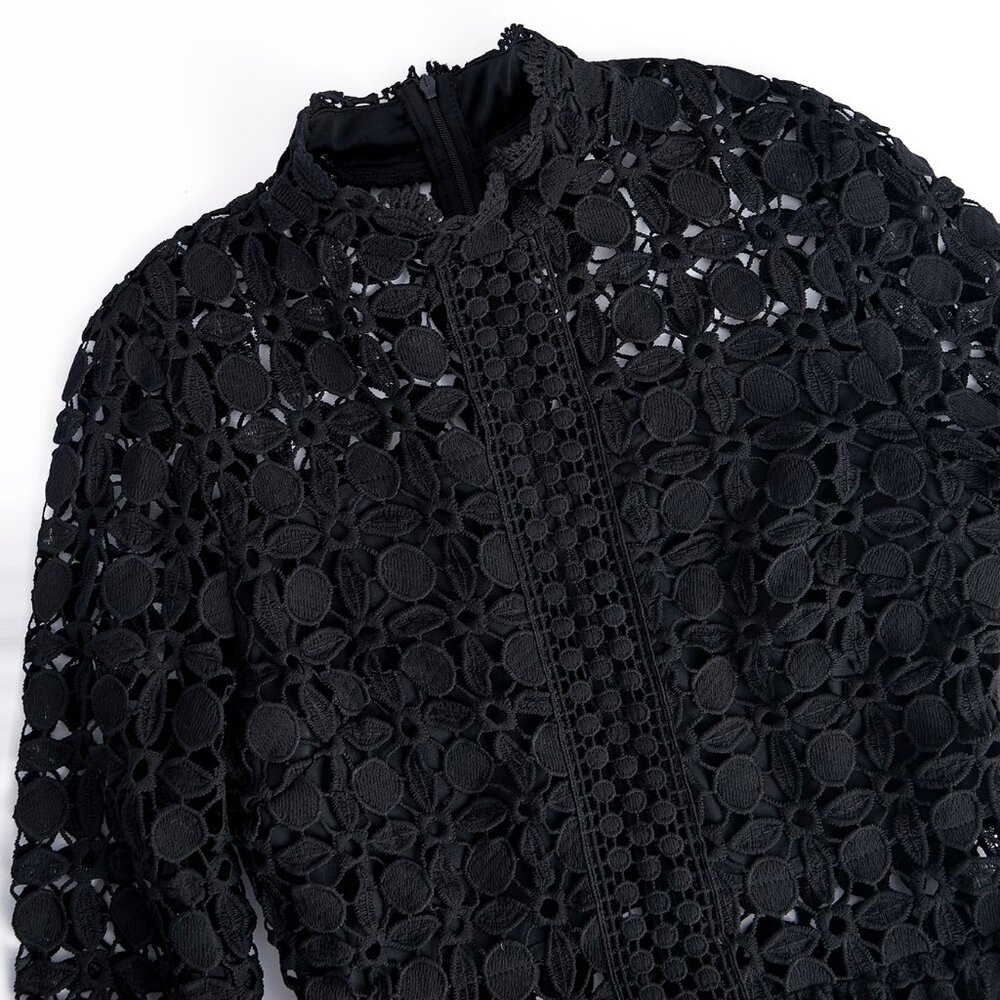 Mock Neck mesh insert Flounce Sleeve Lace Dress black - Picture 8 of 10